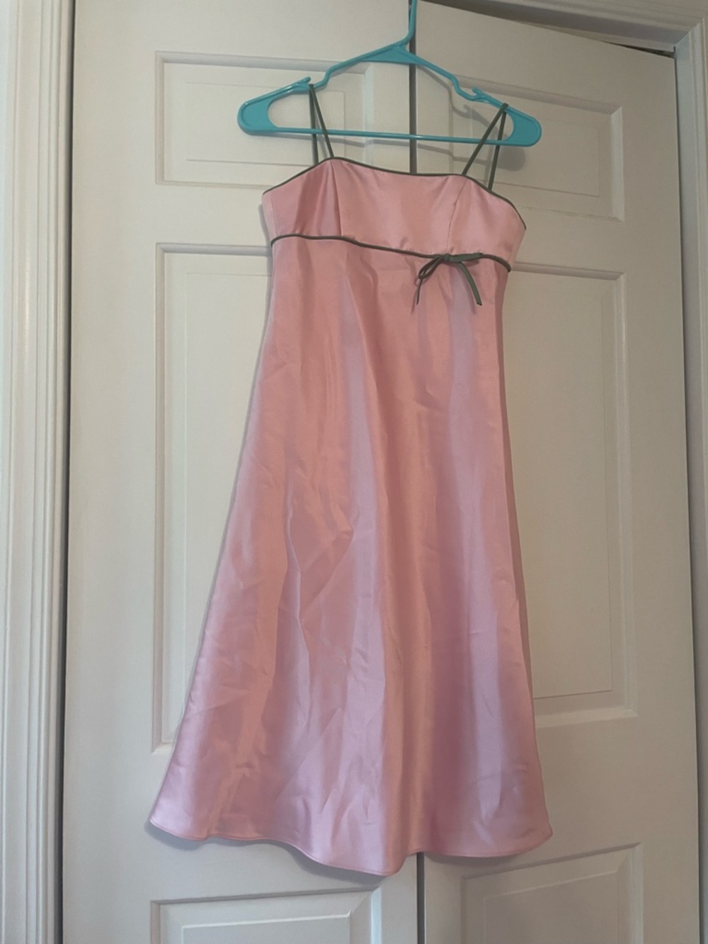 Alfred Angelo Pink Satin Midi Dress with Green Trim
